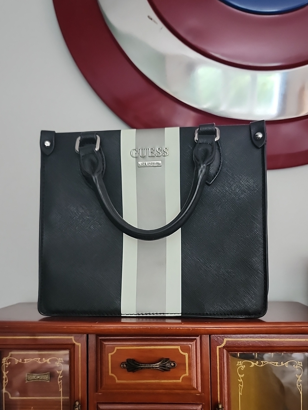 GUESS Black Mini Bag with White Ans Silver Center Stripes